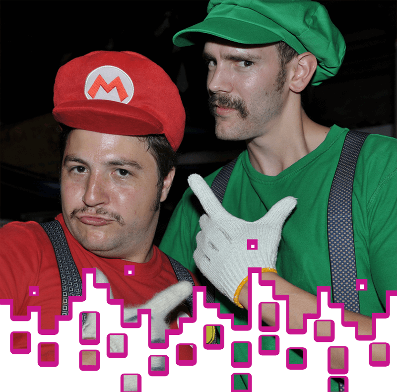 Two men in Mario and Luigi costumes