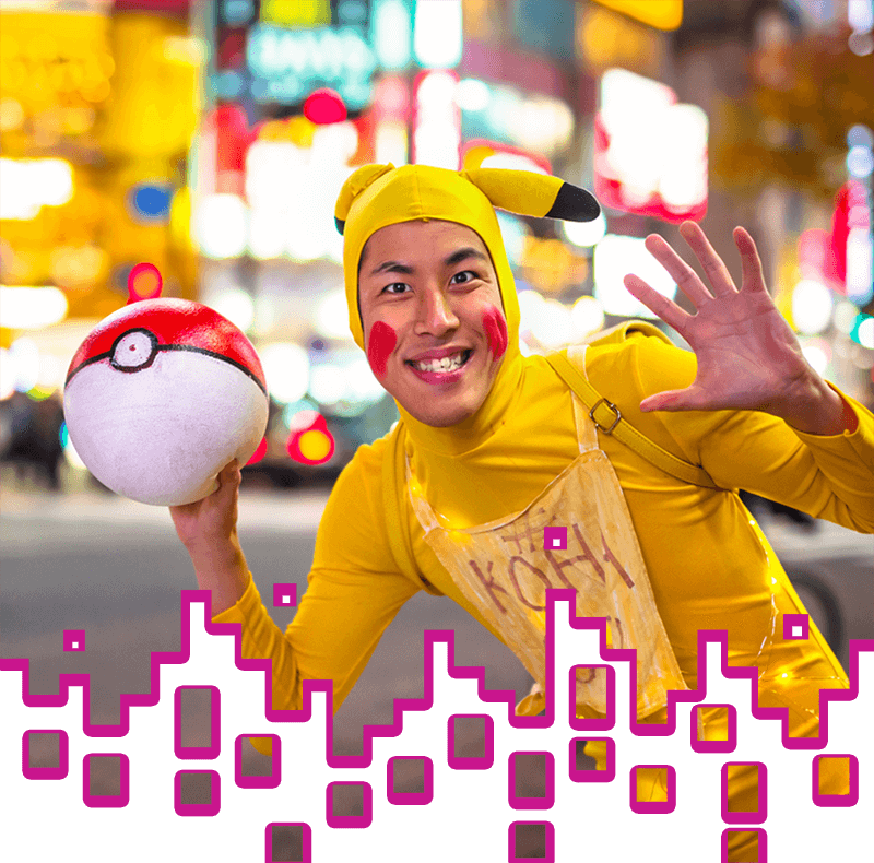 Man in Pikachu Pokemon costume in a city